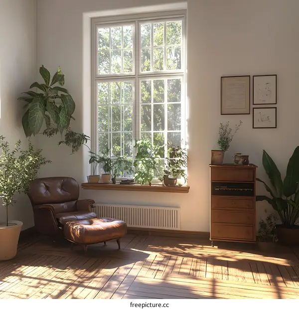 Living Room with Large Window and Leather Armchair
