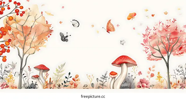 Watercolor Autumn Forest Illustration with Trees Butterflies and Mushrooms