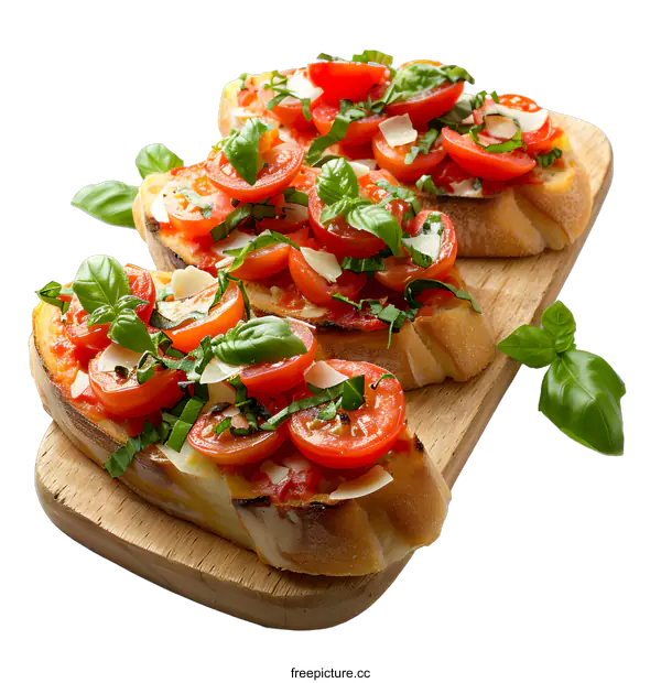 [Transparent Background PNG]Three slices of bruschetta with tomatoes, basil and parmesan cheese