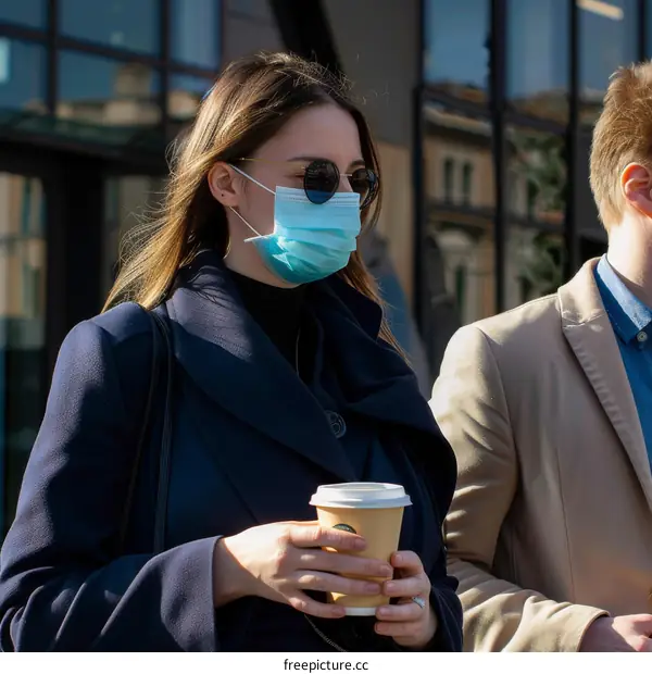 A woman and a man wearing medical masks are walking down the street