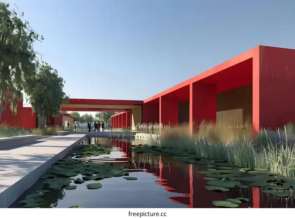 Red Building with Pond and People Walking Through
