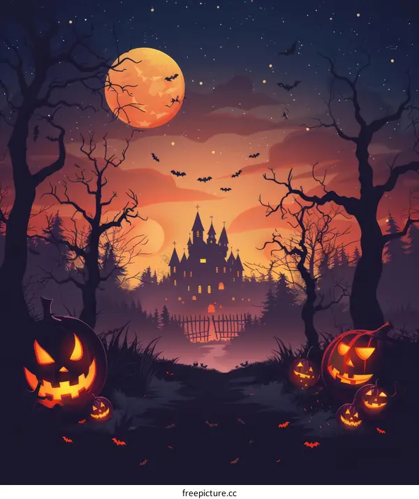 Spooky Halloween night scene with haunted castle and scary pumpkins