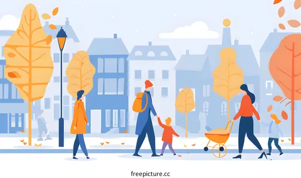 Family Walking in Autumn City Park