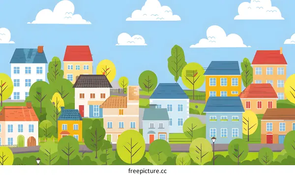 Colorful Houses in a Sunny Neighborhood Illustration