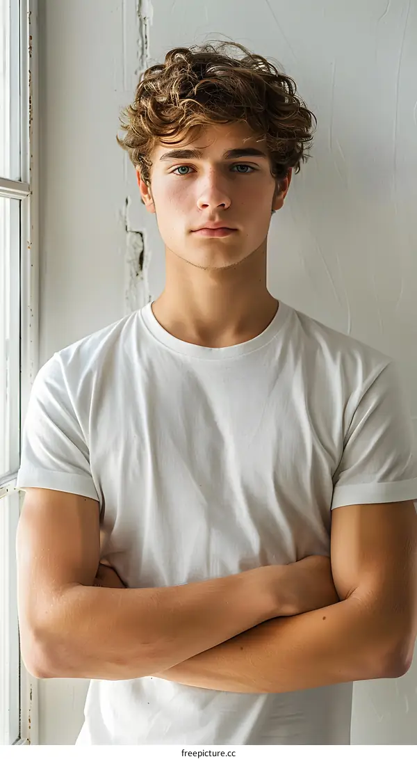 Portrait of a young man with freckles and curly hair