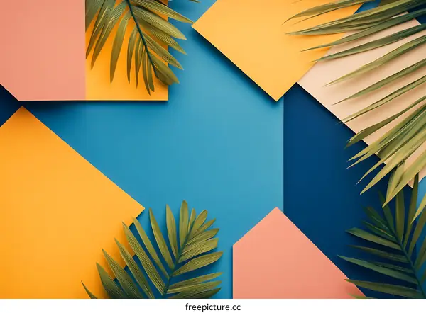 Tropical Leaves on a Blue Background with Geometric Shapes