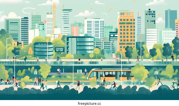 Urban Green Space with People Walking and Biking