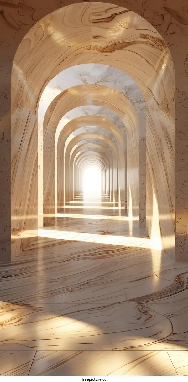 Abstract Light and Shadow Through Stone Arched Hallway