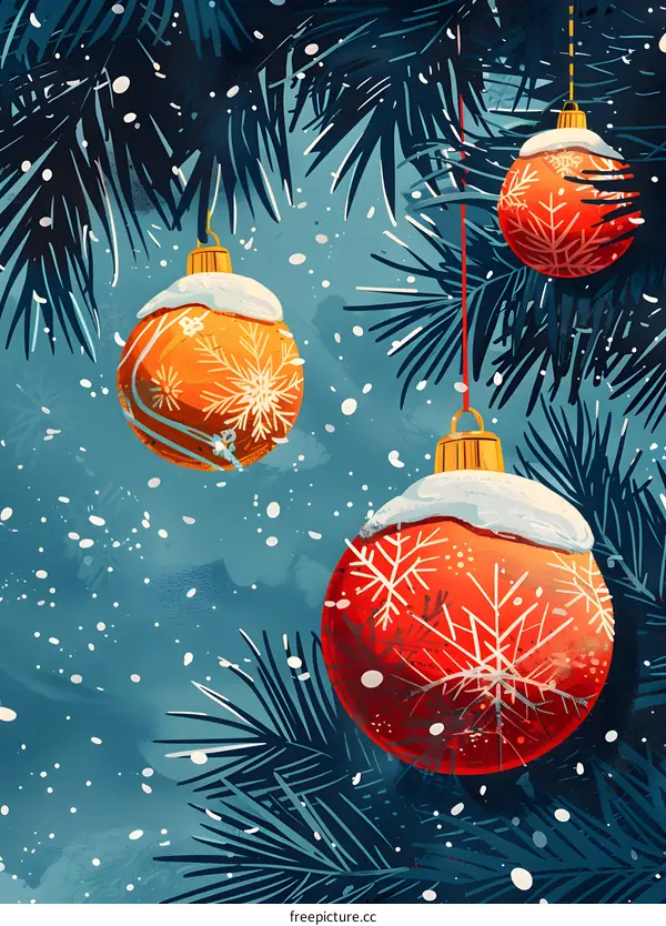 Christmas ornaments hanging on a snowy pine tree.