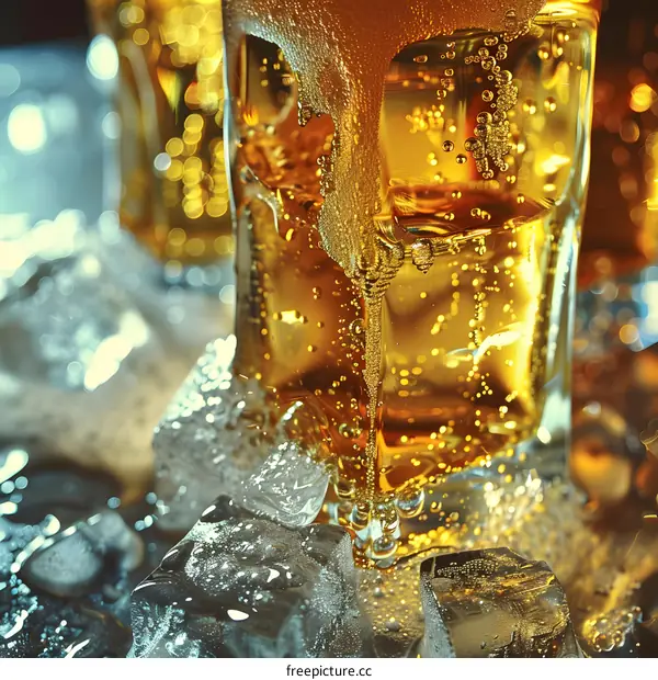 Closeup of Glass of Beer with Ice
