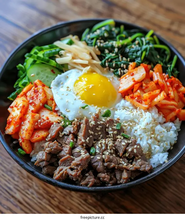 Tantalizing Korean Bibimbap with Steak, Spinach, Egg