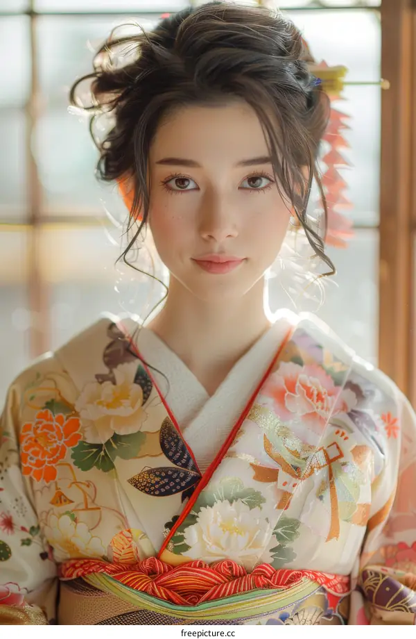 Portrait of a beautiful Japanese woman in traditional kimono