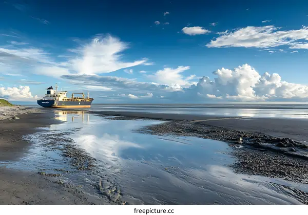 Cargo Ship Stranded on Sandy Beach with Blue Sky and Clouds