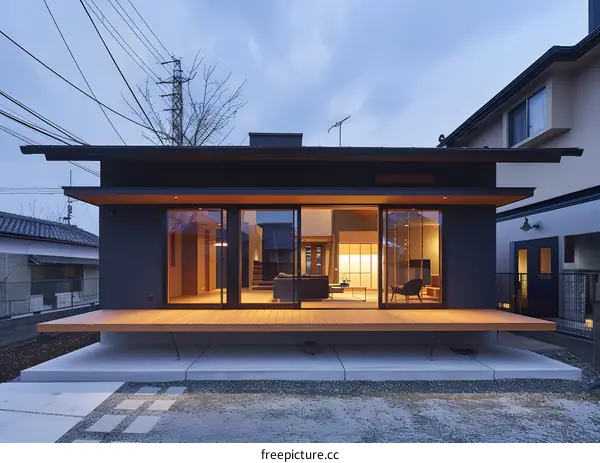 Modern Japanese House with Wooden Deck and Sliding Glass Doors