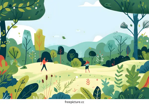 Two People Walking in a Green Forest Landscape