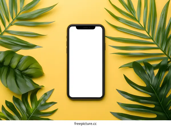 Mockup Phone with Tropical Leaves on Yellow Background