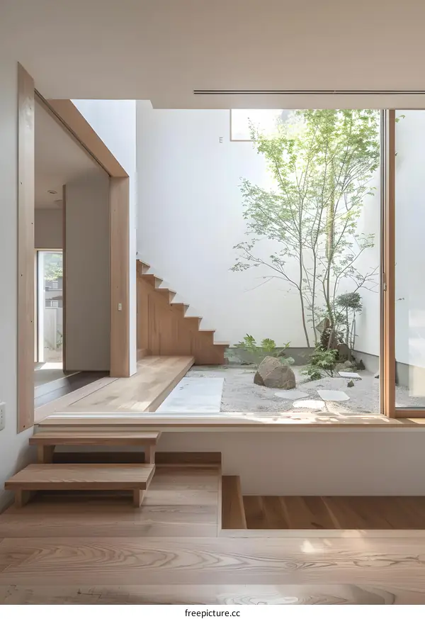 Modern Japanese Interior Design With Wooden Stairs And Small Garden