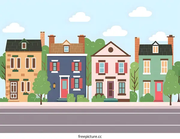 Cute Cartoon Illustration of a Neighborhood Street with Four Houses