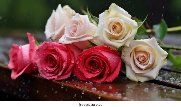 Five Multicolor Roses On A Wooden Surface In The Rain
