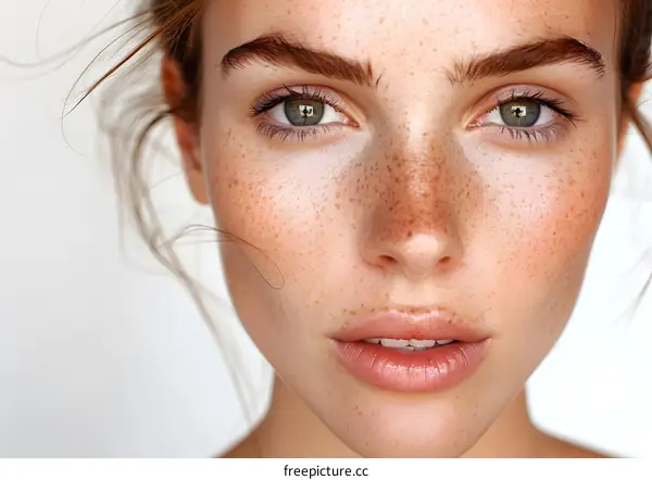 Close-up portrait of a young woman with freckles