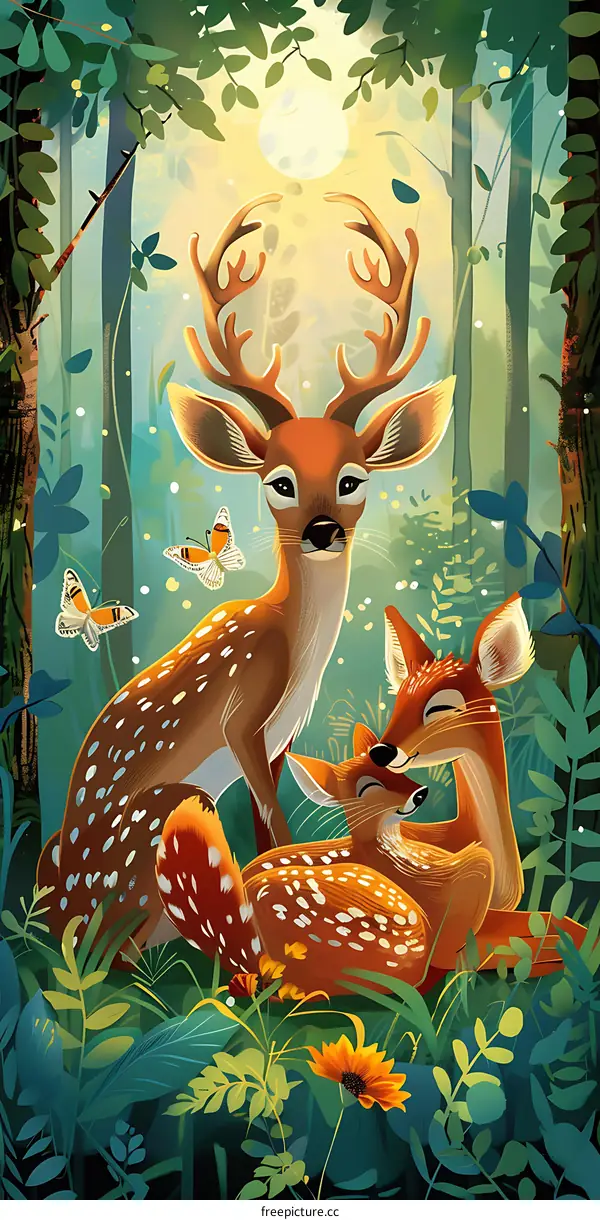 Forest Deer Illustration with Butterflies