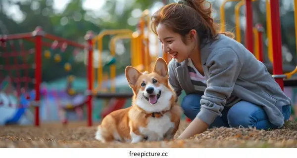 Asian woman playing with a corgi dog in the park