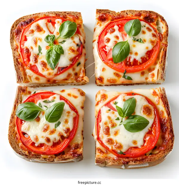 Four Slices of Tomato and Mozzarella Pizza on White Background