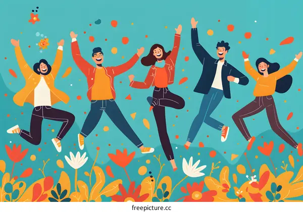 Group of People Jumping in the Air with Confetti