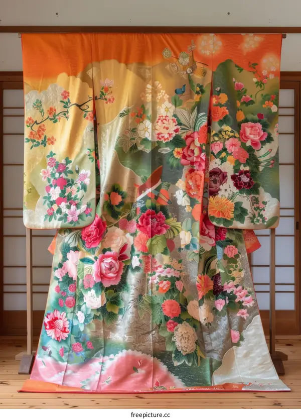 A kimono with a pattern of flowers and birds
