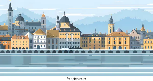 European Cityscape Illustration with River and Buildings