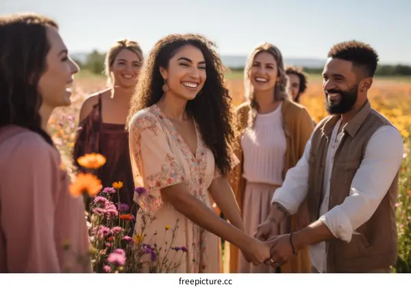 A group of diverse friends holding hands in a field of flowers
