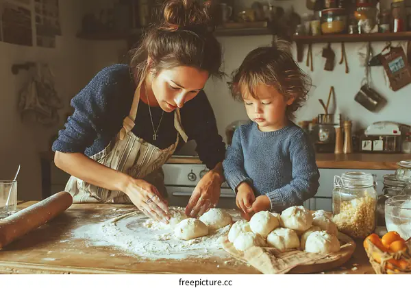 Mother and child baking together in the kitchen