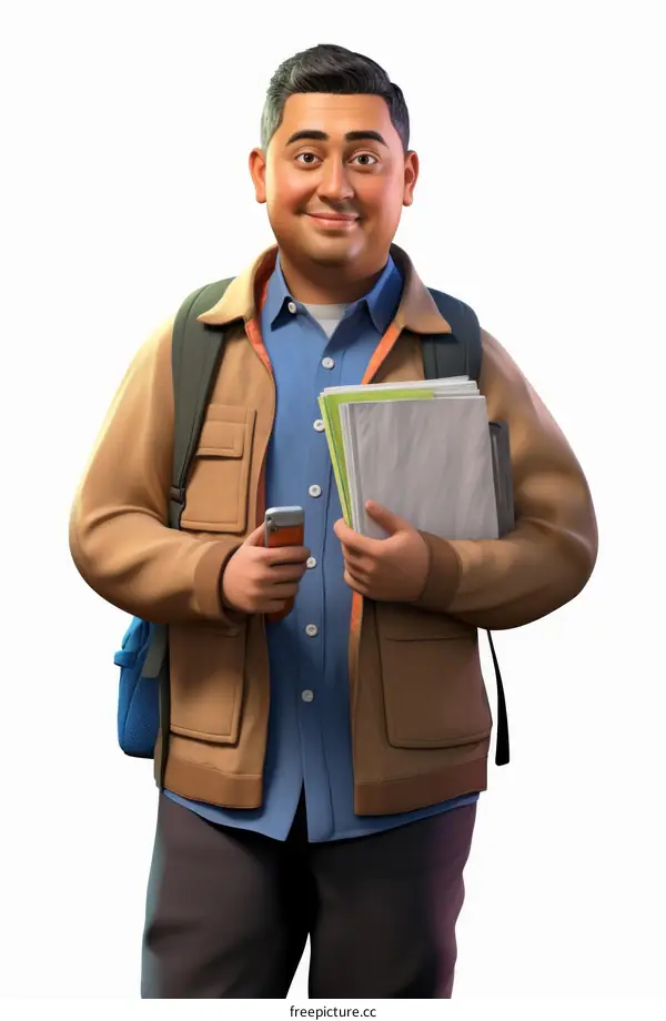 Hispanic man with brown hair wearing a blue shirt and brown jacket holding a stack of papers and a phone