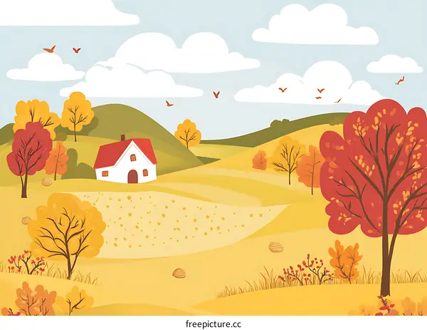Autumn Landscape with House and Trees