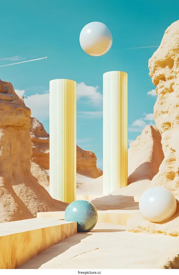 Abstract 3D Render Minimalist Desert Landscape With Cylinders and Spheres