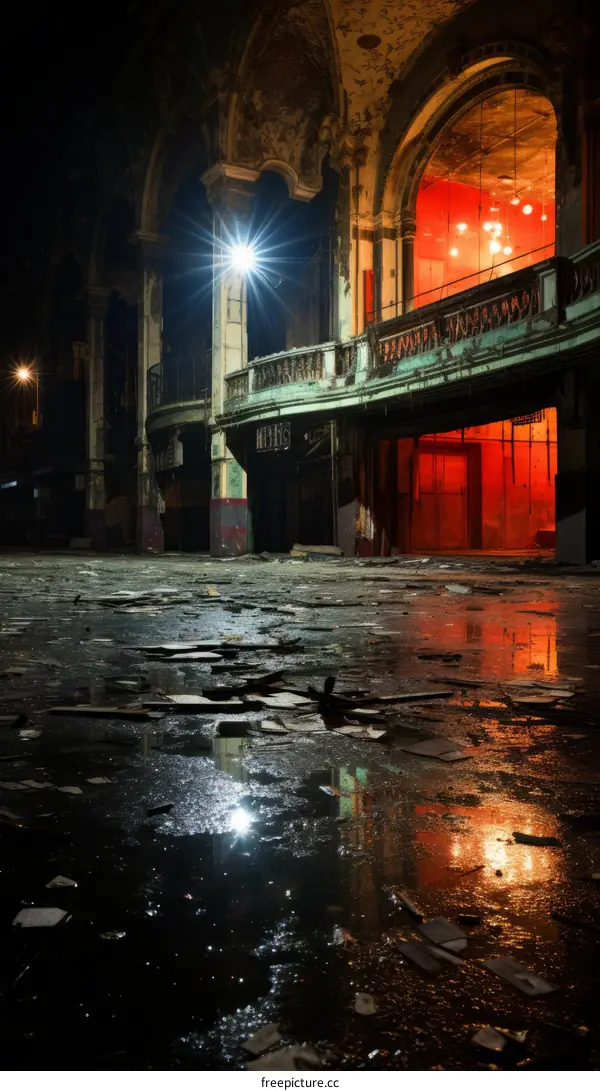 Rundown Abandoned Theater with Broken Seats and Water on Floor