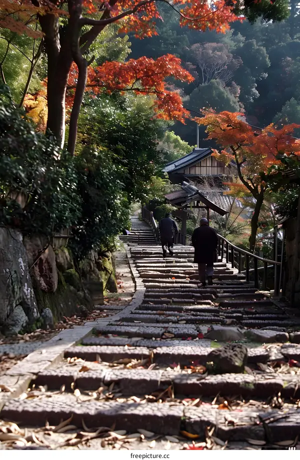 Stone Steps Leading Up Through Autumn Foliage in Japan
