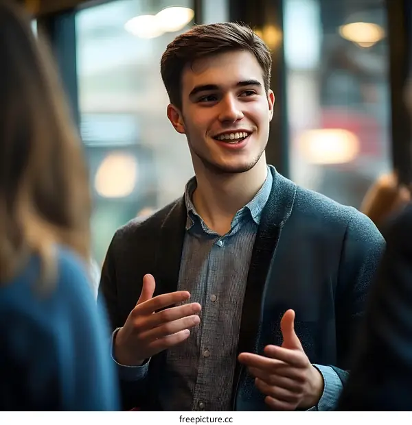 Smiling Man Talking to Another Person in a Cafe