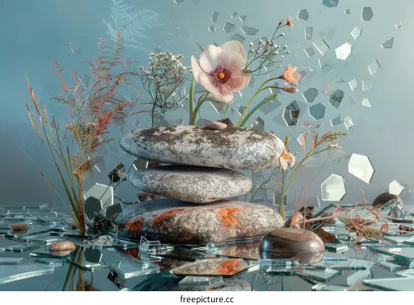 Stones and flowers composition with shattered glass