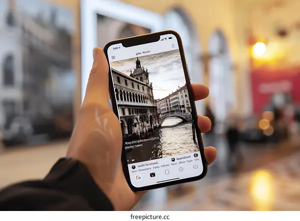 Hand Holding Phone Displaying Venice Italy Picture