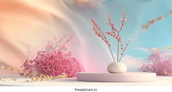 Pink Flowers on a White Pedestal Against a Soft Blue and Orange Background