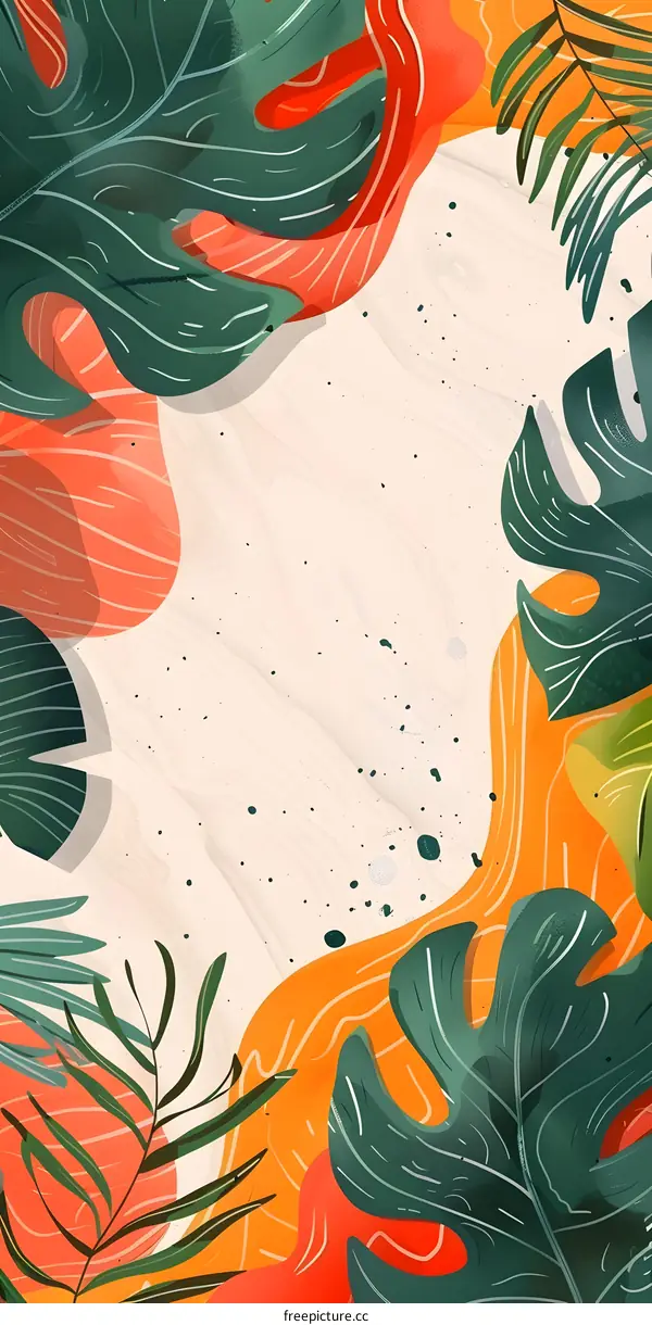 Abstract Tropical Leaves Illustration with Orange and Red Colors