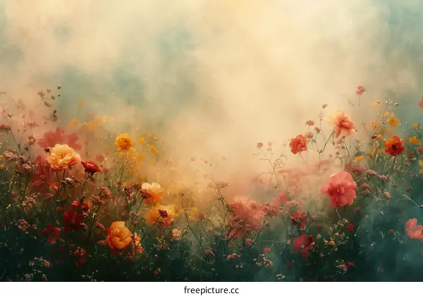 Flowers in a field with a foggy background