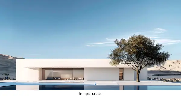 Modern Minimalist House Design with Pool and Tree