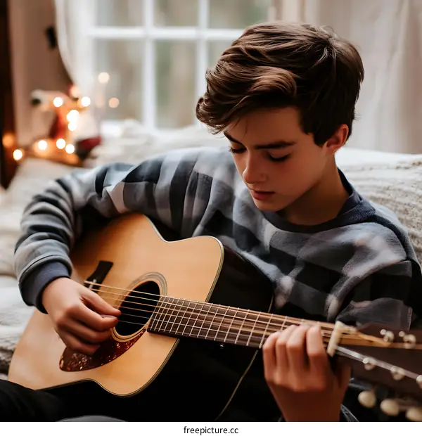 Teenage Boy Playing Acoustic Guitar