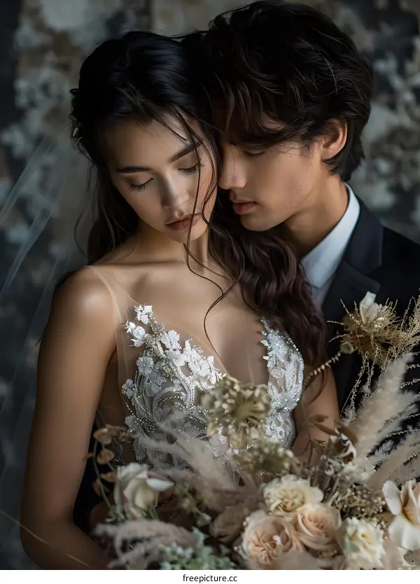 A couple is cuddling and taking wedding photos