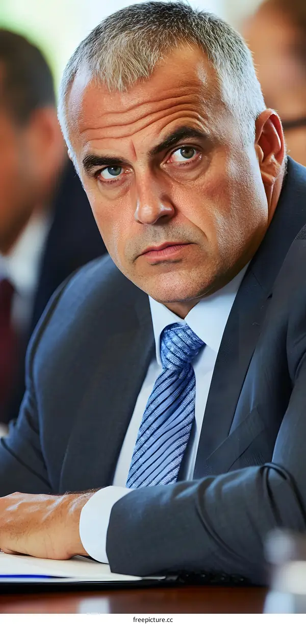 Caucasian Man Wearing a Blue Suit and a Tie Looking Directly at the Camera