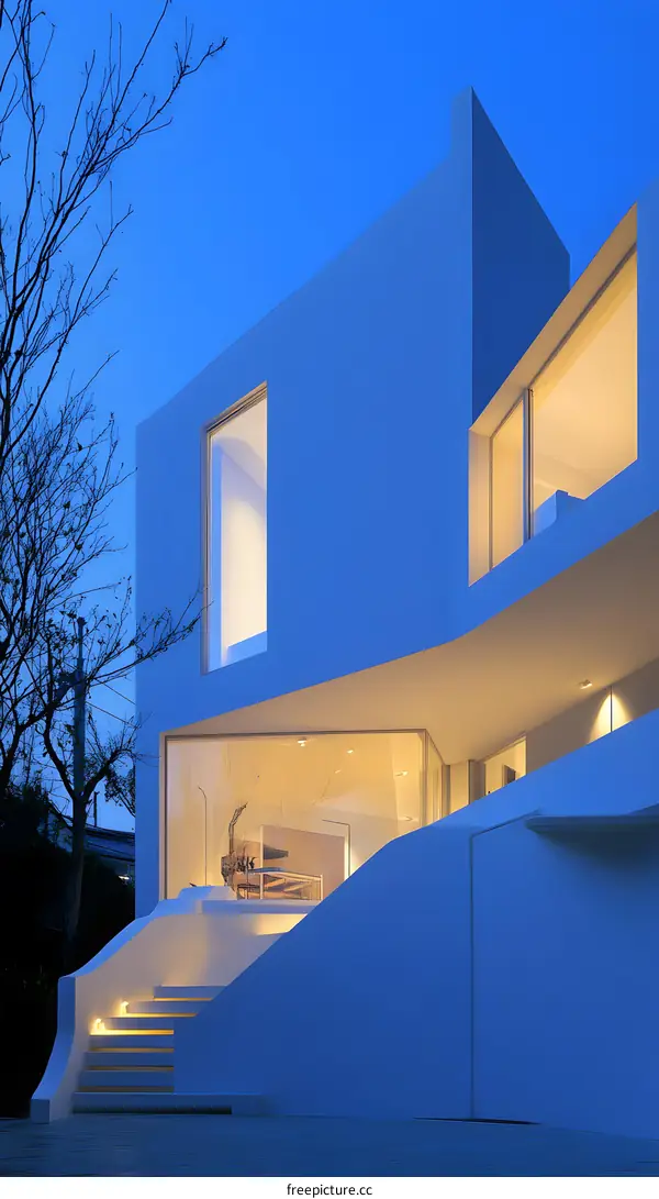 Modern White House with Curved Staircase and Large Windows at Dusk