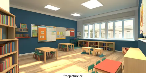 Empty Classroom with Bright Blue Walls and Bookshelves