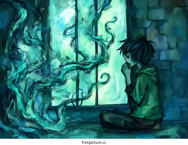 Young Man Sitting By Window Watching Abstract Blue Smoke